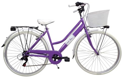 Cicli Tessari - bicicletta da donna bici da passeggio city bike ruota 28 trekking cambio 6 velocita' con cesto anteriore (viola)