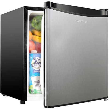 Upstreman 46L Mini Kühlschrank mit Eisfach, Temperaturregelung, energiesparend, leise, eintüriger Getränkekühlschrank, perfekt für Wohnheim, Küche, Büro, Schlafzimmer, Edelstahl-FR17