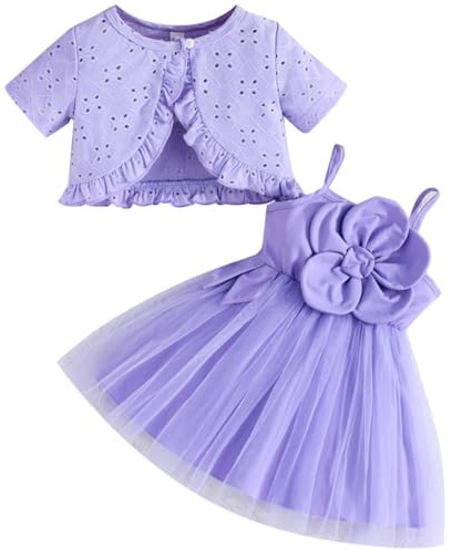 Yaopelky Robe Tutu pour Bébé Fille 2 Pièces - Cardigan en Tulle pour Tout-Petite, Robe d'été de Princesse pour Bébé, Ensemble de Baptême d'été pour Enfant, violet, 6-9 mois