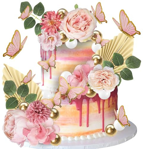 Xsstarmi 34 Pack Artificial Flower Cake Topper Balloon Butterfly Peony Flower Paper Palm Fan Cake Pick for DIY Wedding Bithday Valentine's Day Party Cake Decorations Supplies