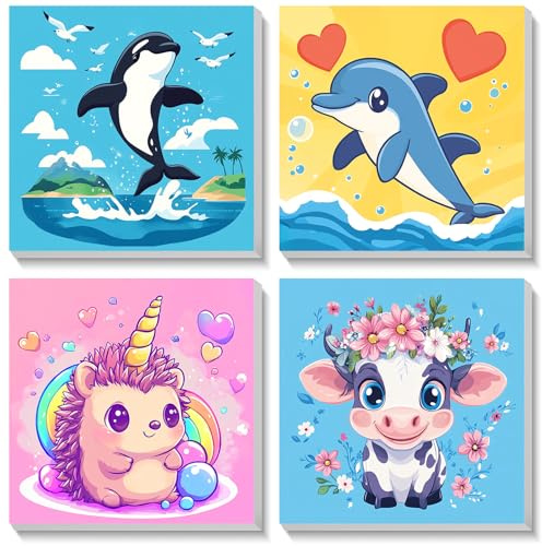 Bowetile 4 Pack Animal Pintar por Numeros Niños Principiantes con Marco, Kit DIY Cartoon Cuadros para Pintar por Numeros, Pintura Acrilica Manualidades Niña, Regalo 4-8-12+ Años 20X20cm