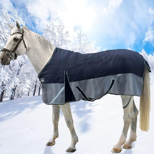 SteeDear 1200D Horse Blanket Turnout Sheet Waterproof and Breathable Lightweight/Medium Fill,Horse Turnout Rug for Real Horses, with Reflective Strips Design (Black/Gray 200g Fill, 66'')