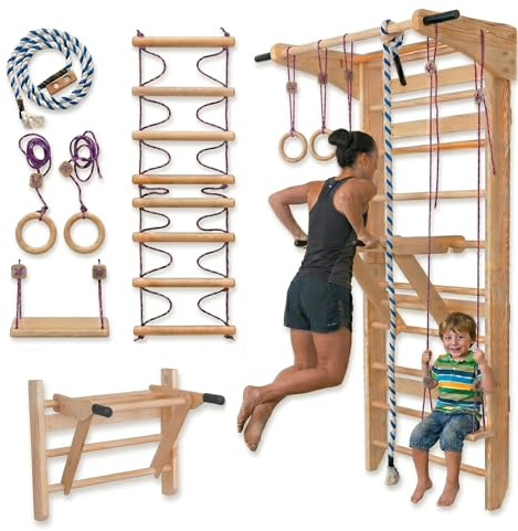 Swedish Ladder Wall Bars with Pull-Up Bar, Dip Station & Accessories for Kids and Adults – Wooden Stall Bars Home Gym with Gymnastic Rings, Rope, Swing & Climbing Ladder