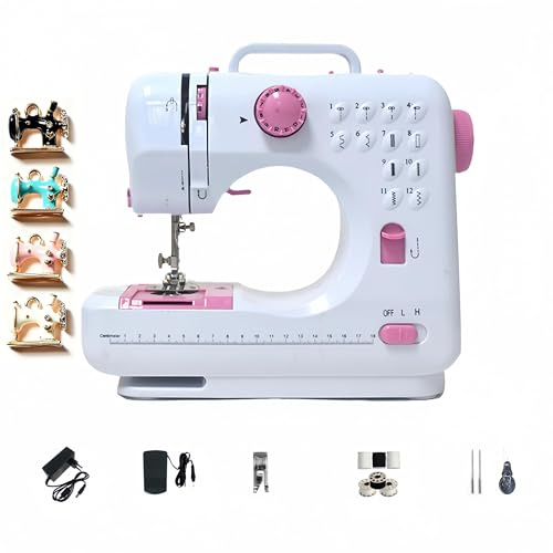 Macchina da cucire elettrica 505A, 12 punti, macchina da cucire domestica con ciondolo smaltato placcato oro in 4 colori, due velocità, ideale per bambini, adulti, principianti, rosa