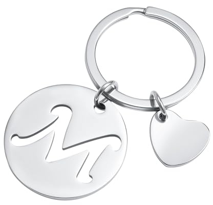 MWOOT Porte-clés Lettre Initiale Pendentif, Argent Lettre M Keychains Keyring, Porte Clé Voiture, Initial M Nom Porte-clés Acier Inoxydable.Cadeau Porte Clef Femme Homme Anniversaire (M)