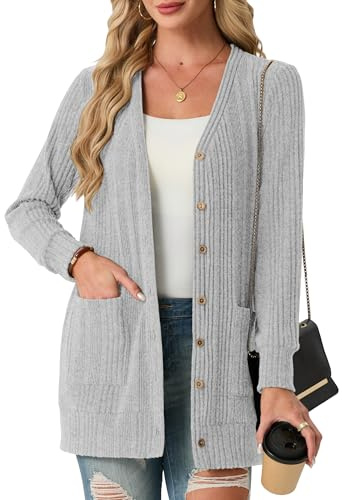 GRECERELLE Womens Long Cardigans Open Front Ladies Lightweight Ribbed Cardigan Casual V Neck Jackets with Pockets for Women UK,Spring, Summer, Autumn