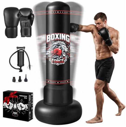 Punching Bag for Adults, Qoosea 190cm Inflatable Boxing Bag Free Standing with Boxing Gloves and Air Pump, Stand Punch Bags for Men Women, Kickboxing Bags for Training MMA Muay Fitness