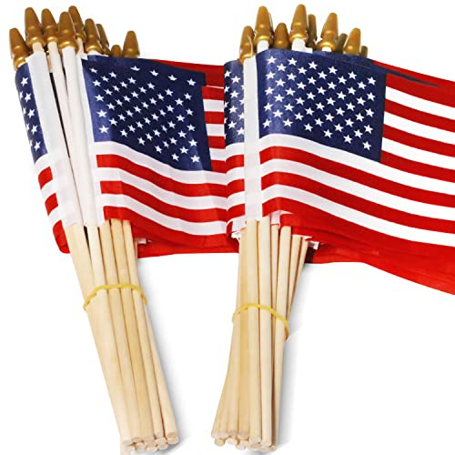 Anley USA Stick Flag, American US 4x6 inch (10 X 15cm) Mini Bandiera Portatile con Asta in Legno da 9 - Colori Vivaci - United States 4 x 6 inch Hand Held Stick Flags with Spear Top (50 Pcak)