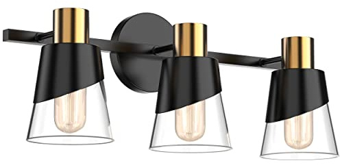 URSOLA Bathroom Vanity Light, 3 Lights Bathroom Light Fixtures Over Mirror, 20.47 inch Bathroom Light Fixtures, Black and Gold Design with Bevelled Edge and Clear Glass Shade Wall Lamp