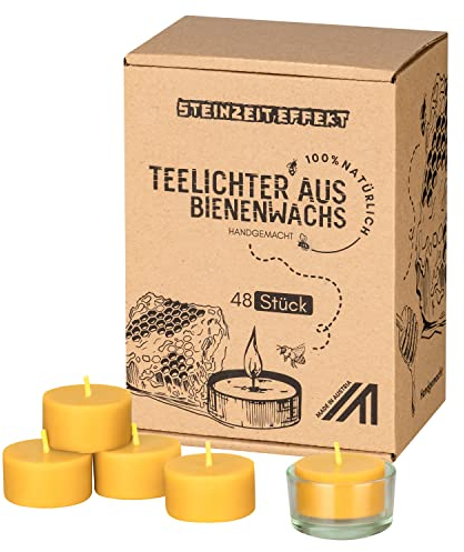 Steinzeiteffekt Teelichter aus Bienenwachs - Handgefertigt vom Bio Imker mit Glas Teelichthalter - FSC Zertifiziert - Pestizidfrei - 100% Naturwachs (48 Stück)