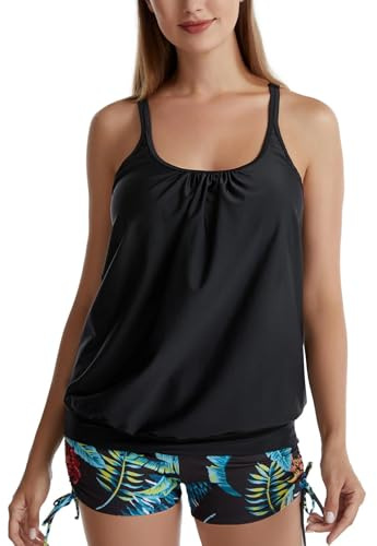 IHCEMIH Swimming Costume Women Tankinis Sets Push up Tummy Control High Waisted Swimwear Swimsuits Bathing Suit Beach Wear Women's String Two Pieces Blouson Tankini with Shorts for Ladies