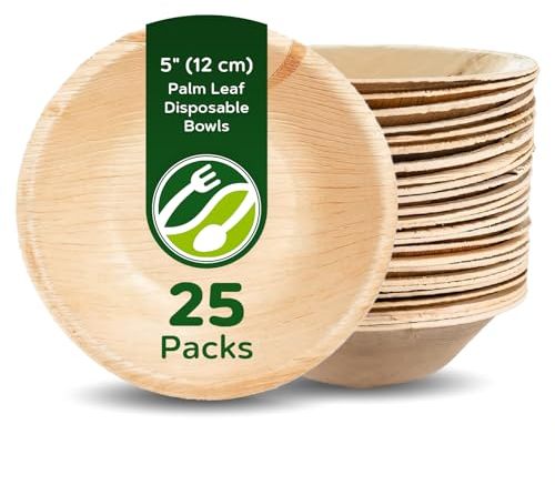 ECO Leaf 25 Disposable Palm Leaf Round Bowls, 5 (12cm), 250ml (8oz) - Compostable, Eco-Friendly, Biodegradable Heavy-Duty Dessert & Salad Bowls for Weddings, Parties & Picnics, Microwave Safe