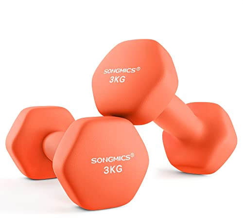 SONGMICS Kurzhantel 2 Stück 2x3 kg Hanteln Kurzhantel Hexagon Neopren Beschichtung für Krafttraining Fitness Zuhause Orange Papaya SYL906O01