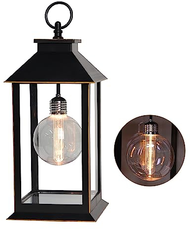 LUCOZA LED Edison Glühbirne Tischlampe Laterne Batteriebetrieben mit Timer, 30cm Hohe Kunststoff Glas Tragbare Dekorative Hängened Elektrische Laterne, Moderne Dekor für Innen, Schwarz