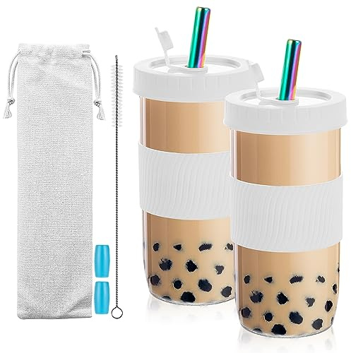 Dyserbuy Confezione da 2 tazze da tè riutilizzabili con bolle, 473,6 ml, bocca larga per frullati, con coperchio, cannucce in acciaio inossidabile e custodia in silicone, bicchieri in vetro, bottiglie