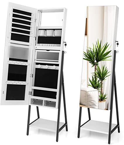 COSTWAY Schmuckschrank mit Spiegel, Schmuck Spiegelschrank mit 3-farbigen LED Beleuchtung, abschließbar, Extra Ablage, 41,5 x 37 x 157 cm (Weiß)