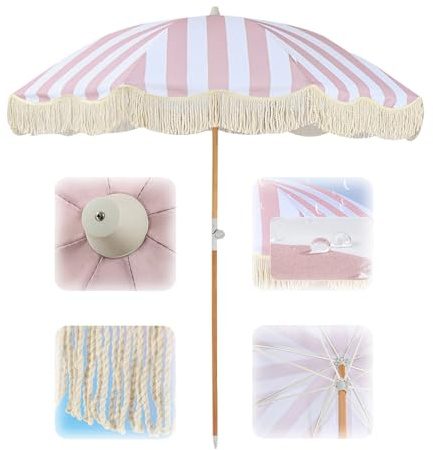 Elyrthriumc Ombrellone da spiaggia da 6,5 piedi con frangia, ombrellone da patio a righe bianco e rosa con nappe bianche, ombrellone da giardino portatile, parasole UPF 50+, palo in legno da 1,26 e