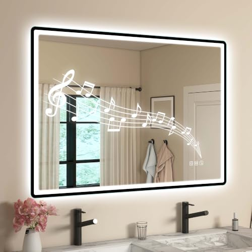 STARLEAD Badrumsspegel med belysning och bluetooth, 100 x 70 cm, svart spegel, imfri, 3 färger ljus, dimbar, IP44, härdat glas, horisontell/vertikal, icke-metallram