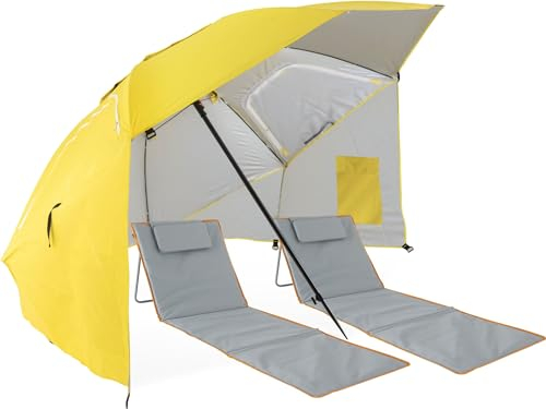 Stagecaptain Shady Layla Strand Set - Strandmuschel mit Erdspieß und Sonnenschirm - Wasserabweisender Sonnen- und Wetterschutz - Gepolsterte Strandmatten mit Kopfkissen - verstellbare Rückenlehne