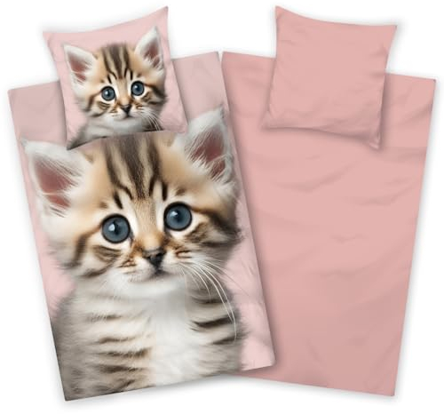 Aminata kids - Biber Kinderbettwäsche 135x200, Niedliches Katzen-Motiv für Mädchen, Rosa, 100% Baumwolle, Reißverschluss - Warm, Weich & Kuschelig - Flanellbettwäsche