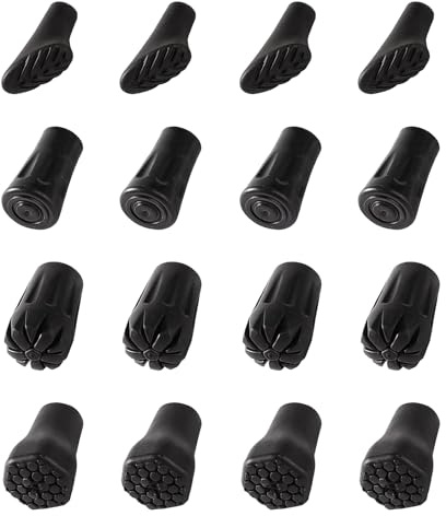 16 stycken svarta promenadstavar gummi, vandringspinnar, gummispetsar reservdelar, robusta kryckor gummispetsar 4 former, praktisk promenadkäpp, gummibuffert för vuxna seniorer