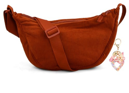 Amexo Crossbody Tasche Cord Halbmond Tasche Damen Bauchtasche Cord Umhängetasche Slouchy Bag Damen Cordtaschen mit Verstellbarem Riemen für Arbeit Einkaufen Schule (Orange)
