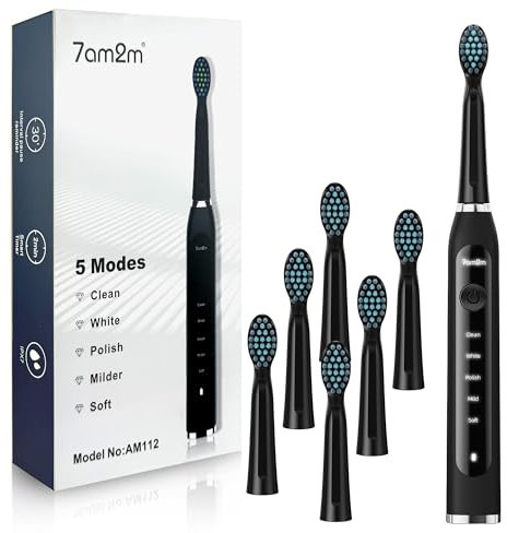 7AM2M Sonic Electric Toothbrush for Adults High Power Rechargeable Toothbrushes with 6 Brush Heads,5 Adjustable Modes, Built-in 2-Minute Smart Timer,3 Hours Fast Charge for 45Days (Black)