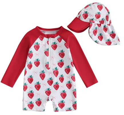 Toddler Baby Girl Swimsuit and Hat Zip Up Long Sleeve All in One Swimming Costume UV Sun Protection Swimwear One Piece Swimming Suit Rash Guard Sunsuit (Strawberry Bows Red, 12_months-24_months)