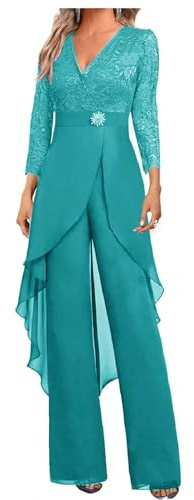 Botong - Set di pantaloni da sposa per madre della sposa, 2 pezzi, in chiffon e pizzo, con strass, a maniche 3/4, per invitata al matrimonio, Acqua, 14