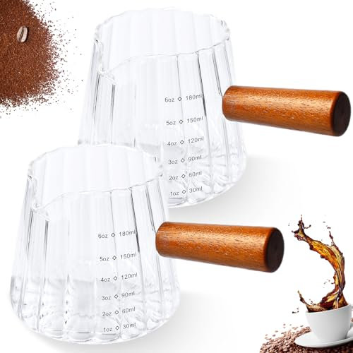 2 tazas medidoras de espresso: 180 ml tazas de café con mango de madera, taza pequeña de café expreso de vidrio de borosilicato con escala, vasos de café expreso para café, té o jarabe de arce, salsa