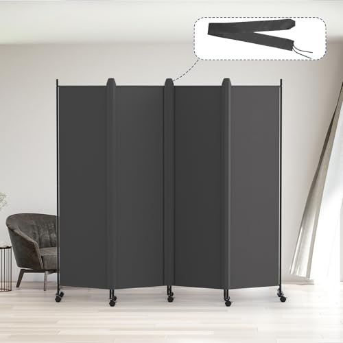 Kokorona 4 Panel Room Divider, 6FT Tall Rolling Privacy Screen with Lockable Wheels, Folding Wall Dividers Portable Room Divider for Room Separation, Included - Cover Strips, Grey, W 223.5 x H 178 cm