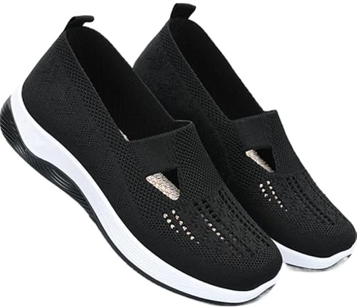 Ortopediska skor för kvinnor, halkfria snörfria skor med nät för kvinnor, lätta och bekväma ortopediska plattformsvandringssneakers, svart, 39 EU