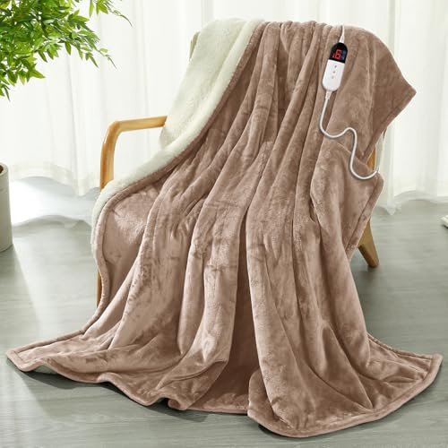 COZYTY Heated Blanket 130 x 180 cm – Flannel Electric Blanket 6 Heat Settings & 10-Hour Auto-Off Timer, Overheat Protection, Machine Washable, Beige