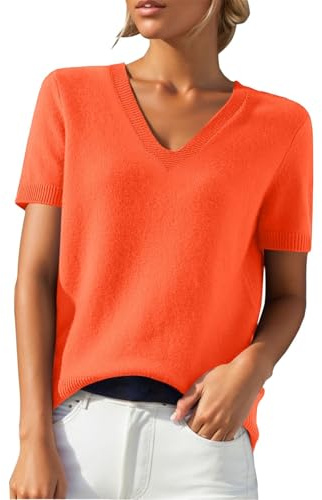 PODOLIXIA Jersey de manga corta para mujer, cuello de pico, de punto, monocolor, manga corta, jersey de punto fino, suave, respetuoso con la piel, para verano, suéter para mujer, naranja, S