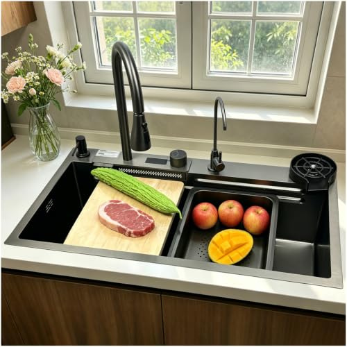 Vattenfall-diskbänk 80 x 45 cm, 1 handfat rostfritt stål handfat svart antracit, diskbänk med vänster kran, vänster avloppskomponent, diskbänk kök med dräneringskorg, avloppsbänk, skärbräda, sifon