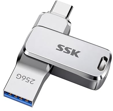 SSK 256 GB Memoria USB Dual Conectores, Memoria USB C Flash Drive hasta 220 MB/s Tipo-C y USB-A Memoria Stick para iPhone 15/16/17Pro/Android OTG con impermeable, a prueba de polvo y a prueba de caída