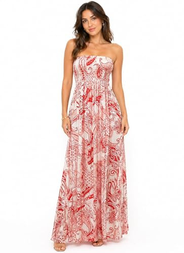 Pretty Attitude Womens Printed Strapless Shirred Bandeau Shearing Boobtube Long Maxi Dress UK Size 8 to 22 (UK, Numeric, 12, 14, Regular, Regular, Orange Paisley)