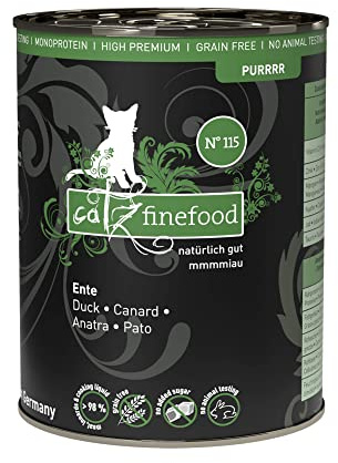 catz finefood Purrrr Canard Monoprotéine N° 115 Boîte de 6 boîtes de 400 g de Nourriture Humide pour Chats sensibles à la Nutrition 70% de Viande