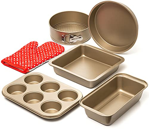 Moss & Stone 5 Piece Baking Pans Set, Carbon Steel Non-Stick PTFE Coating Oven Safe Baking Sheet Set, Bakeware Set With Heat Red Glove, Cookie Sheets For Baking Nonstick Set