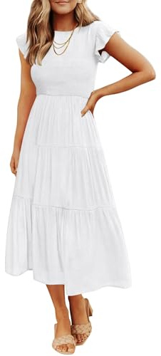 ZESICA Women's 2025 Summer Casual Flutter Short Sleeve Crew Neck Smocked Elastic Waist Tiered Midi Dress,White,Medium