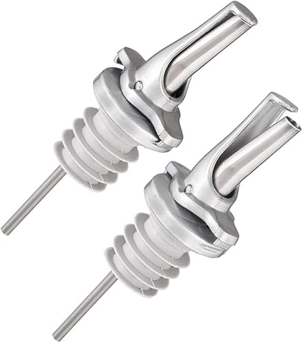 Poura 3-in-1 Liquor Pour Spout with BPA-Free Natural Rubber and Built-in Fruit Fly Protection – Hygienic Dishwasher Safe Alcohol Speed Spouts – Also for Olive Oil, Juice, Syrup – Silver 2 Pack