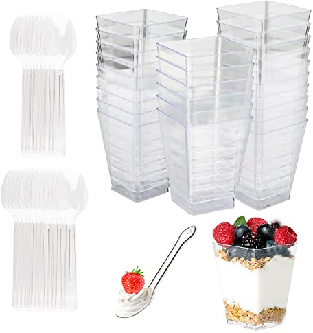 RUNEAY 5.63oz Dessertgläser, 160ml Dessertschalen Plastik Desserttassen mit Löffeln Wiederverwendbare für Dessert Pudding Mousse Hochzeiten Geburtstage Partys(25 Stück)