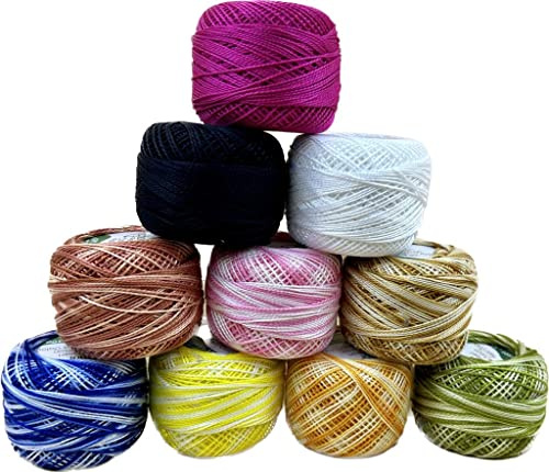 10 Pieces Pearl Crochet Cotton Crochet Thread Ball Yarn Assorted Color Size 8 Pearl Cotton Balls Projects, Blankets, Glove and Applique (10 Grams Each Ball) (Dual-Tone 02)