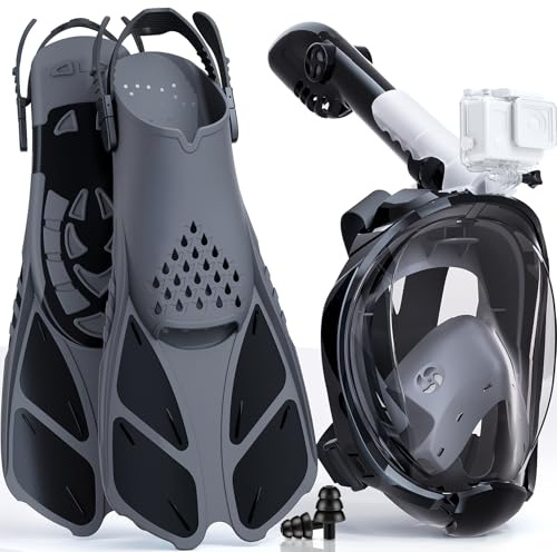 Lealinga Snorkel Set Adults, Full Face Snorkel Mask with Flippers | Panoramic View Snorkel Mask Dry Top Anti-Fog Anti-Leak, Foldable Design with Travel Bag