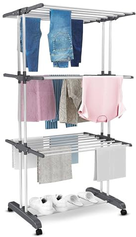 Vonia Wäscheturm mit Rollen – Grauer Wäscheständer aus Metall, 3 Ebenen & 6 klappbare Flügel, 72 x 50 x 172 cm – platzsparend, mobil & stabil für Innen- und Außenbereich