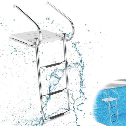 RELAX4LIFE Échelle de Piscine INOX à 3 Marches, Échelle Télescopique pour Bateau avec Plateau, Mains Courantes, Pédales Antidérapantes, Capacité 227 KG pour Piscine Yachits