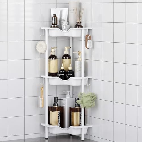 OriwarE Rustproof Floor Standing Corner Shower Caddy Organizer, Plastic Metal Splicing Floor Corner Shelf Rack Stands for Bathroom (White, 3 Tier)