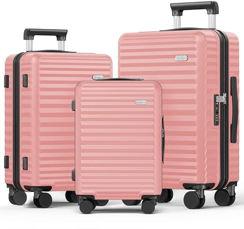 SHOWKOO Kofferset 3 Teilig Hartschale Leicht Erweiterbar 100% PC Haltbar Reisekoffer mit Rollen Trolley Handgepäck & TSA Schloss (M L XL -Rosa)