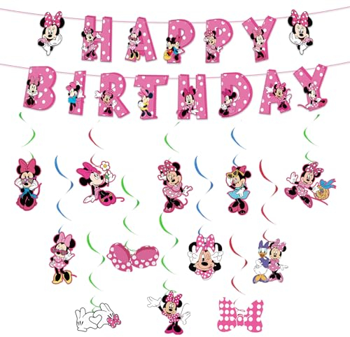 Luchild 14PCS Minnie Maus Geburtstag Deko Mädchen Mini Maus Bunting Girlande Hängende Deko Rosa Geburtstagsdeko Swirl Decorations Happy Birthday Banner für Mickey Kindergeburtstag Thema Party Deko