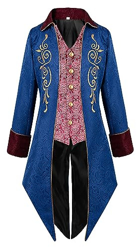 Rrongwn Costume de prince médiéval pour homme, veste steampunk, gothique, jupe de marche, tenue de renaissance, uniforme, loisirs, smoking, long bouton, rétro, jacquard, costume d'Halloween, bleu, M